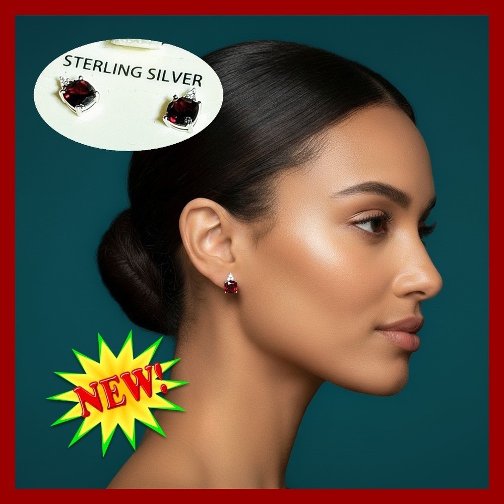 Sterling Silver Genuine Garnet Stud Earrings January Birthstone Red Gift Boxed